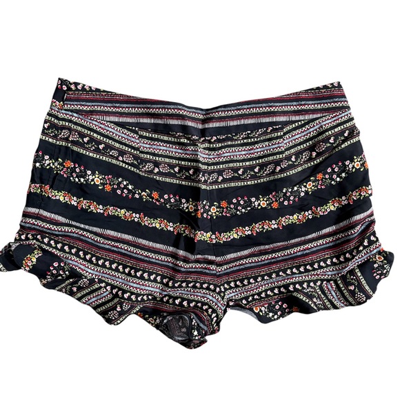 LOFT Black Floral Stripe Ruffle-Hem Shorts - Picture 2 of 4